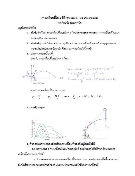 สรุปเนื้อหาวิชาฟิสิกส์ เรื่องการเคลื่อนที่เป็น 2 มิติ
